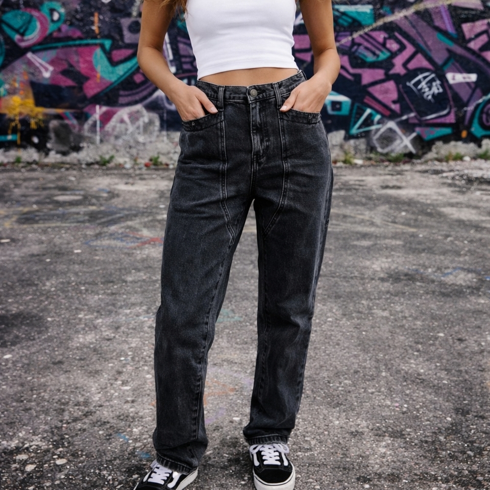 We The Free Black Cotton Blend Denim Jeans High Rise Straight Leg Utility Style